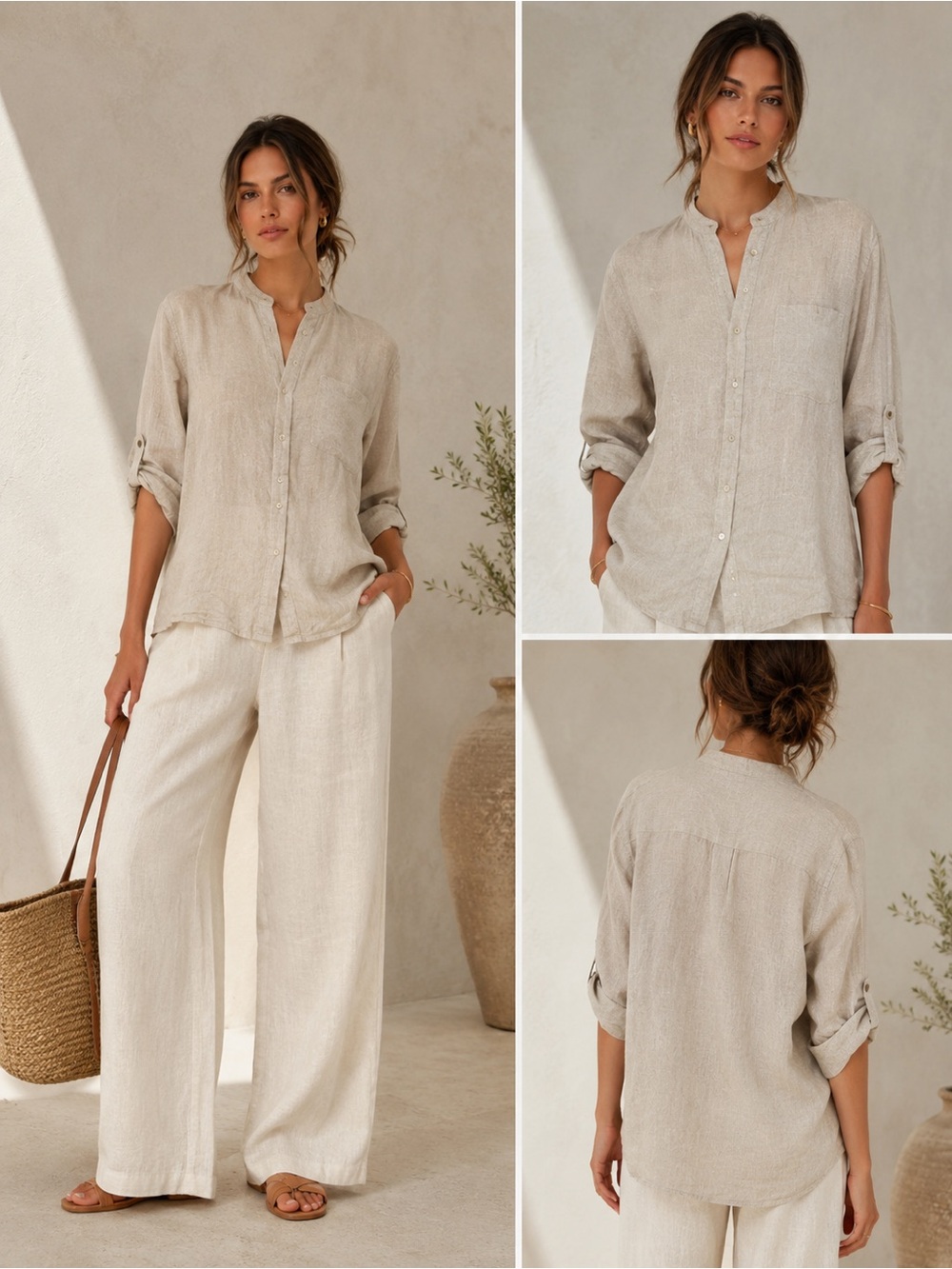 Celio 100% Linen Beige Mandarin Collar Roll Tab Shirt Oversized Relaxed Boho